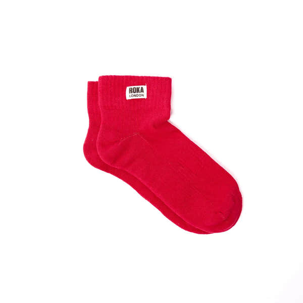 Red Roka Wembley cotton socks with a white logo label, comfortable, casual, men's or women's footwear accessory.