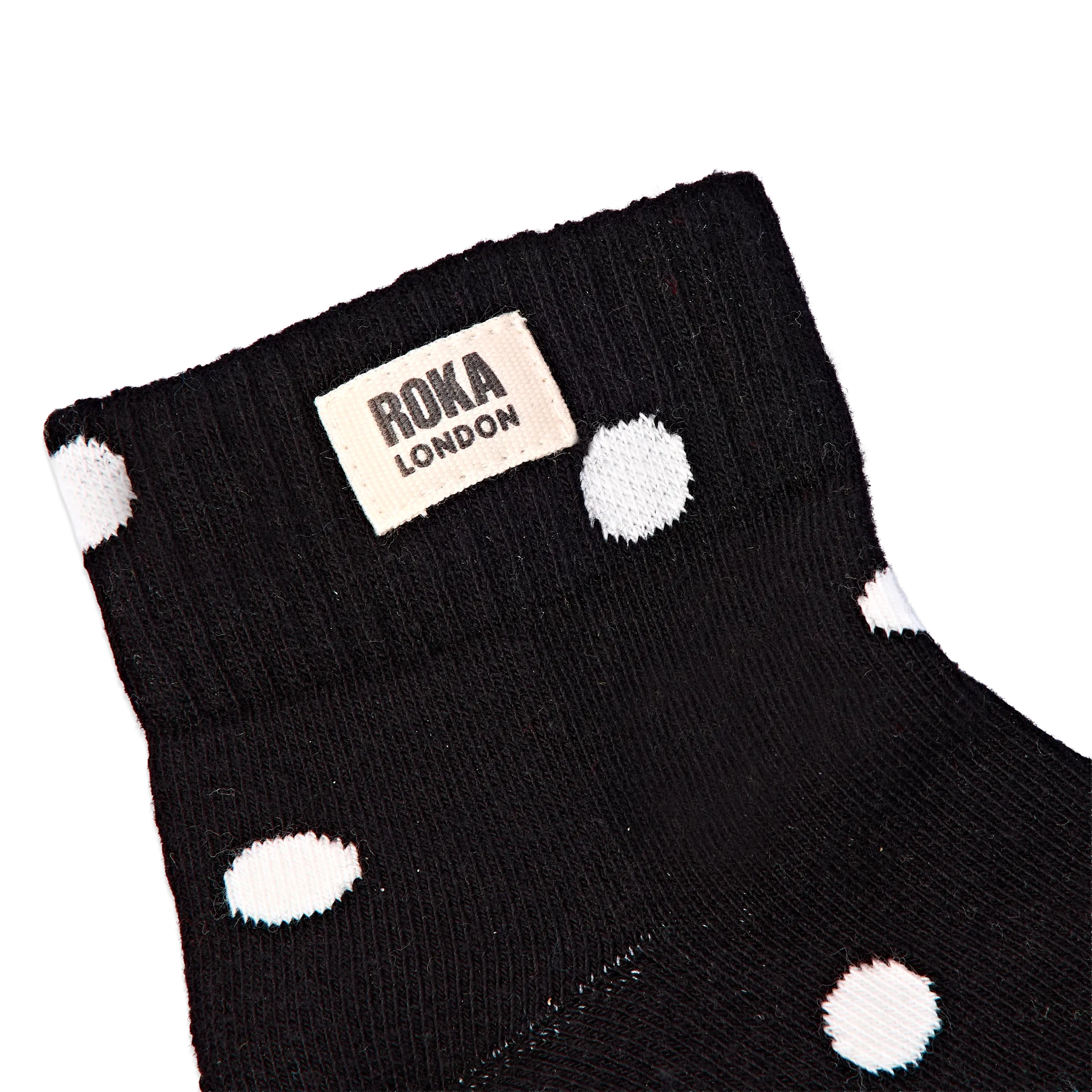 Roka Wembley Ankle Socks for Women in Black Dot — ribbed cuff and logo close-up.