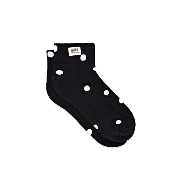 Roka Wembley Ankle Socks for Women in Black Dot — full sock view with dot pattern.