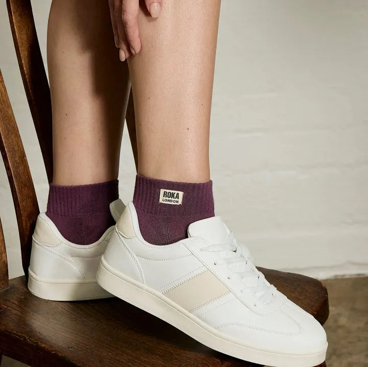 Roka Wembley Ladies Cotton Socks Berry paired with white sneakers, casual fashion accessory, ankle-length, comfortable, women’s wear.