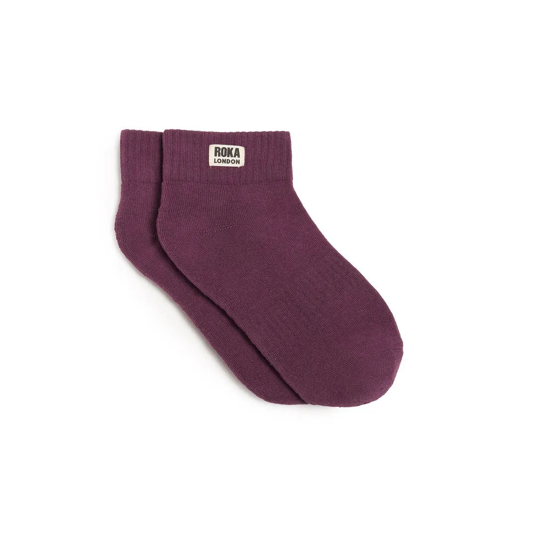 Roka Wembley Ladies Cotton Socks in Berry color with a logo label, mid-calf length, soft and comfortable for everyday wear.