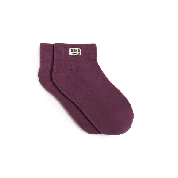 Roka Wembley Ladies Cotton Socks in Berry color with a logo label, mid-calf length, soft and comfortable for everyday wear.