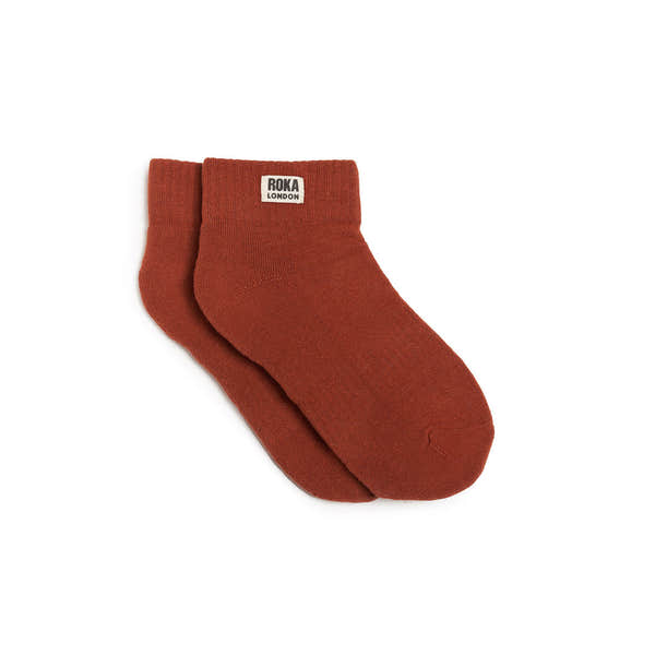 Roka Wembley Ladies Cotton Socks in burnt orange, ankle-length, soft breathable cotton, branded logo label.