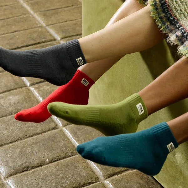 Roka Wembley women's cotton socks in teal, red, green, and black, casual knee-high style, comfortable textured fabric.