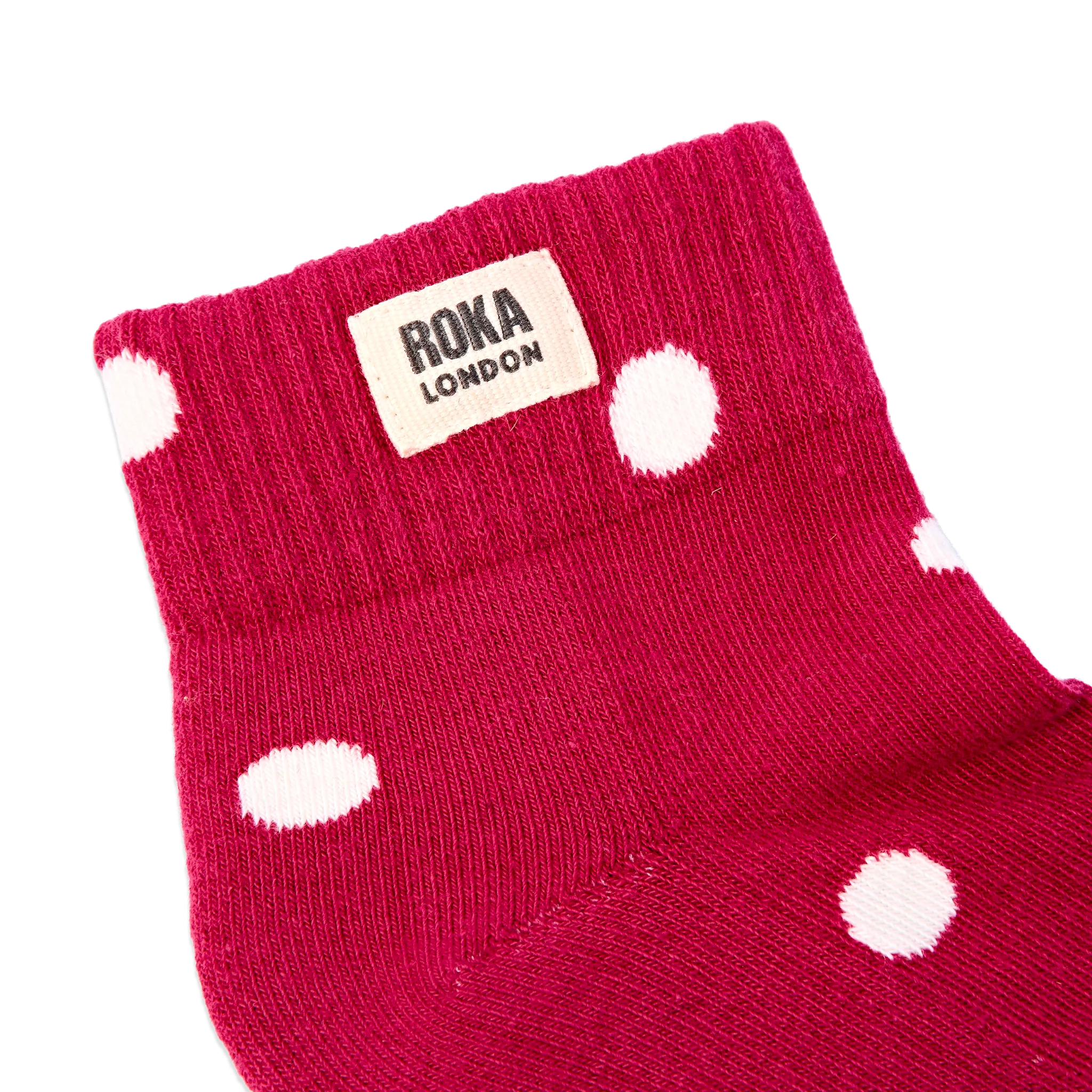 Roka Wembley Ankle Socks for Women in Granita Red Dot — ribbed cuff and logo close-up.