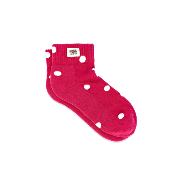 Roka Wembley Ankle Socks for Women in Granita Red Dot — full sock view with dot pattern.