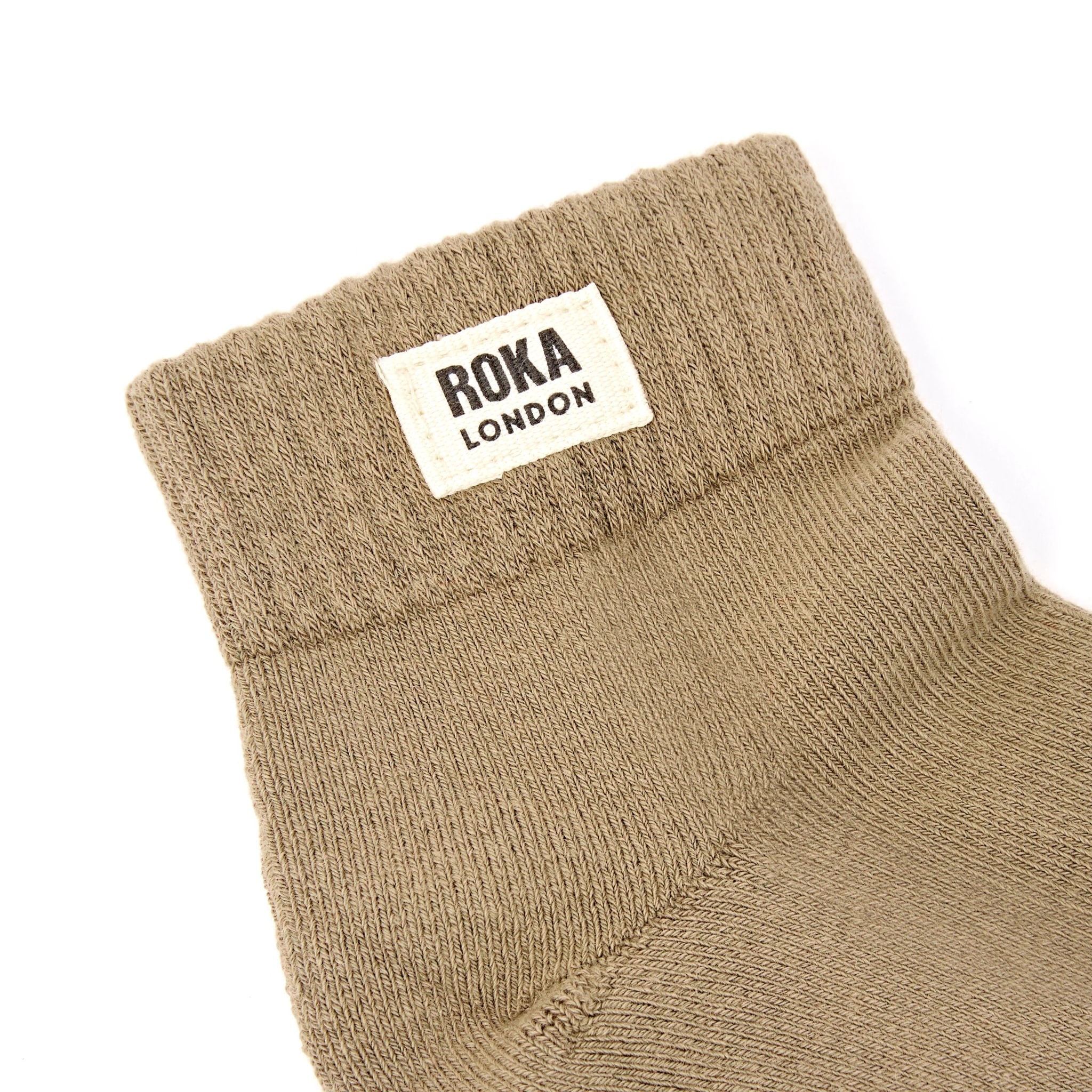 Roka Wembley Ladies Khaki Organic Cotton Ankle Socks, brand label detail.