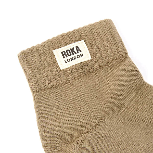 Roka Wembley Ladies Khaki Organic Cotton Ankle Socks, brand label detail.