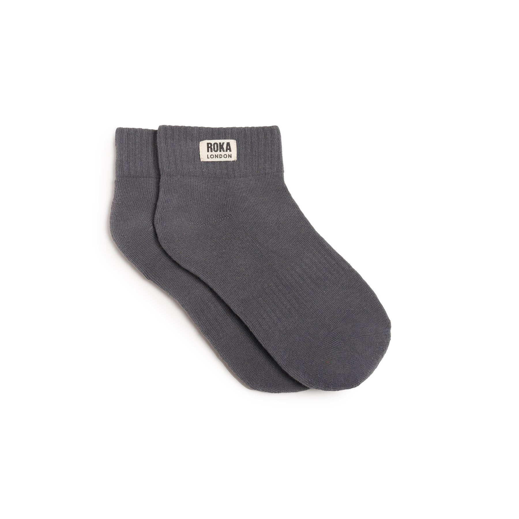 Roka Wembley Ladies Smoke organic cotton ankle socks with ribbed cuffs and brand label, eco-friendly and comfortable.