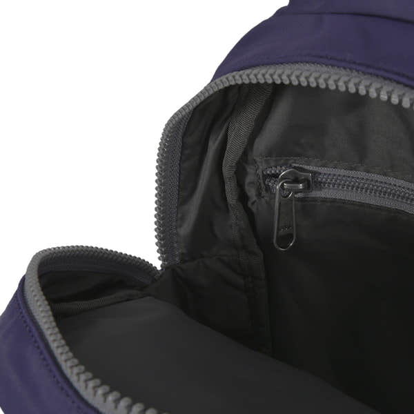 Roka Willesden B Mulberry large recycled nylon backpack with interior zip pocket and spacious main compartment.