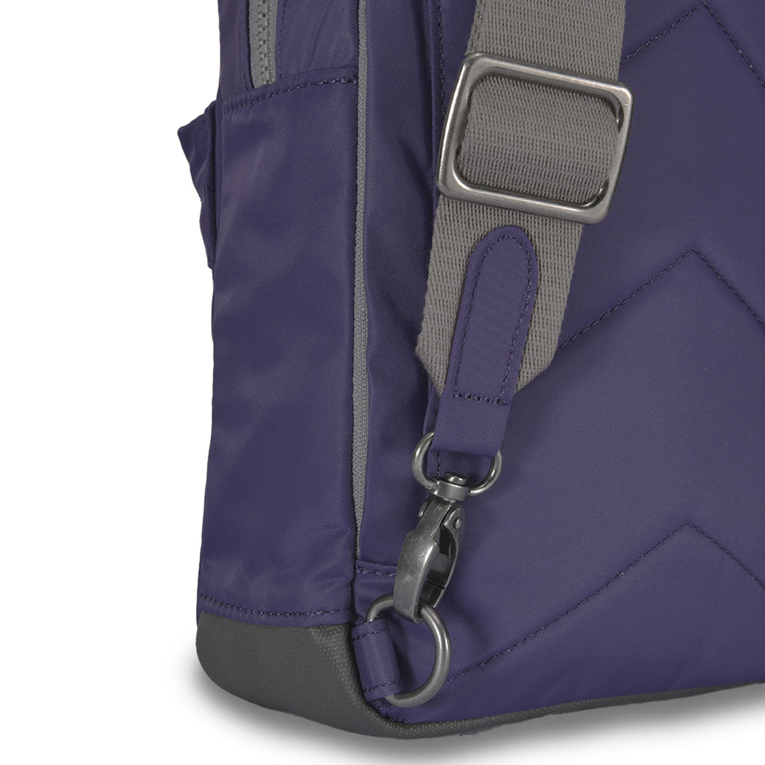 Roka Willesden B Mulberry large recycled nylon backpack with adjustable strap and metal hardware.