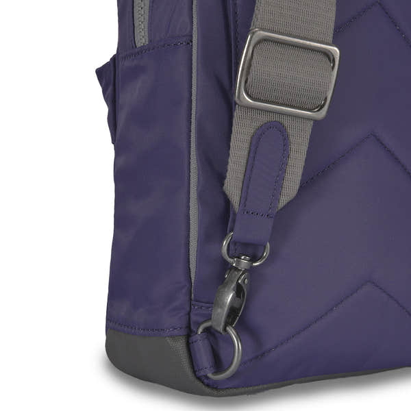 Roka Willesden B Mulberry large recycled nylon backpack with adjustable strap and metal hardware.