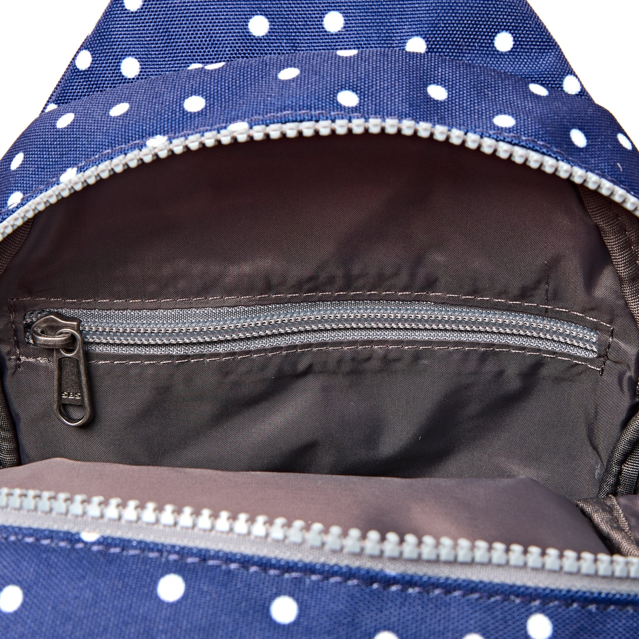 Roka Willesden Navy Polka Dot Recycled Canvas Sling Bag, first interior view.