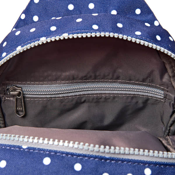 Roka Willesden Navy Polka Dot Recycled Canvas Sling Bag, first interior view.
