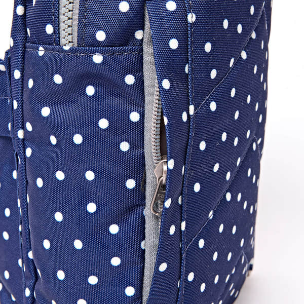 Roka Willesden Navy Polka Dot Recycled Canvas Sling Bag, hardware detail.