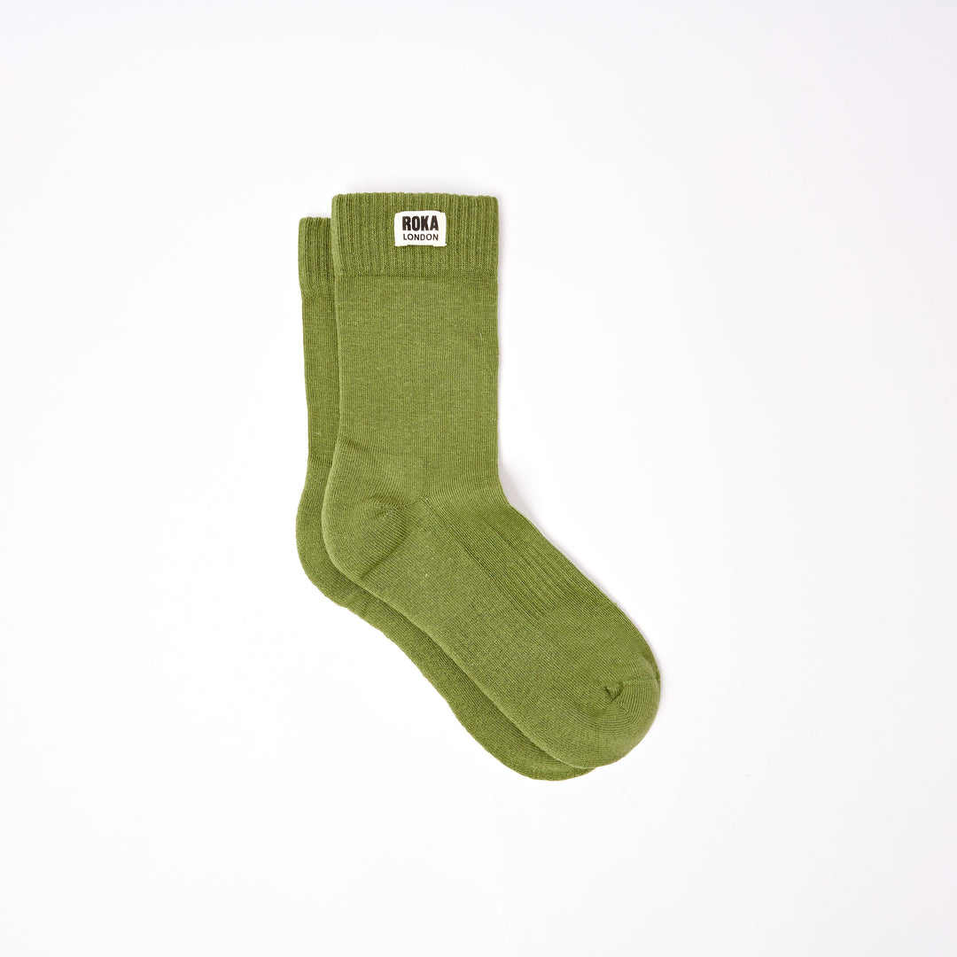 Roka Wimbledon Ladies Cotton Crew Sock in Avocado color, one size, made of breathable cotton fabric.