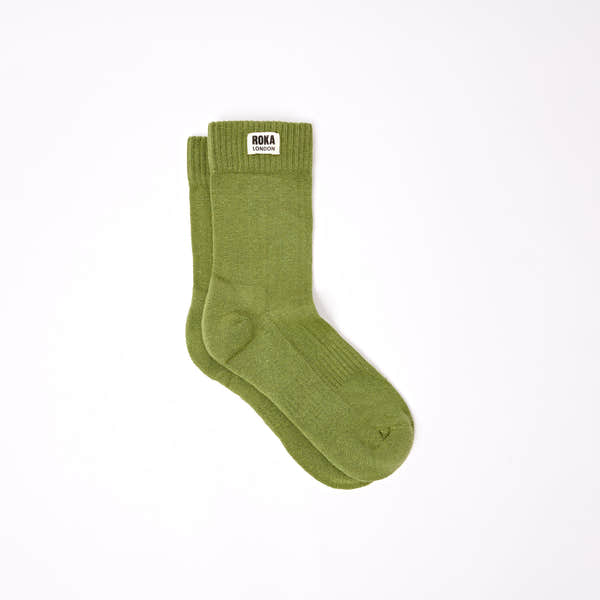 Roka Wimbledon Ladies Cotton Crew Sock in Avocado color, one size, made of breathable cotton fabric.