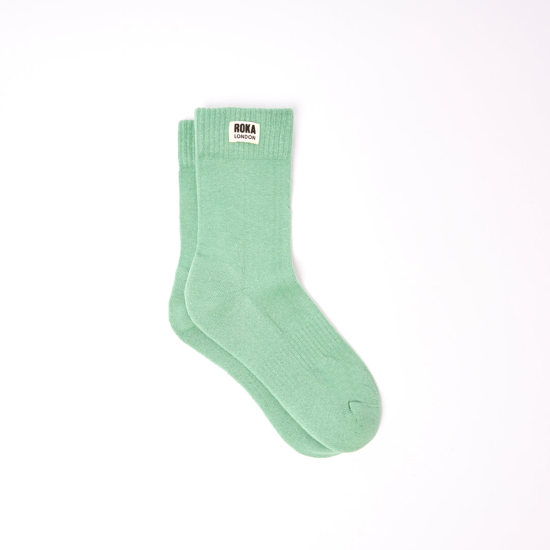 Roka Wimbledon women's cotton crew sock in Matcha green, one size, lightweight, comfortable athletic sock.