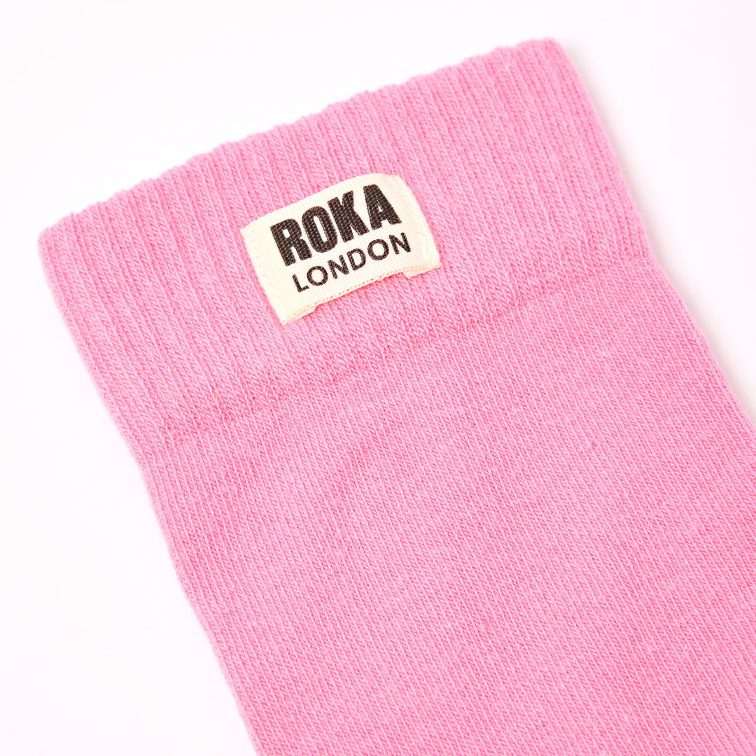 Pink cotton crew sock for women, Roka London branding, one size, floral design, sport and casual wear.