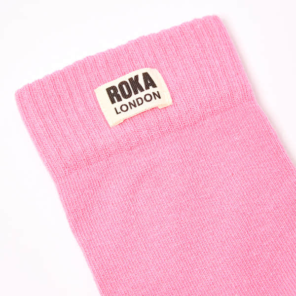 Pink cotton crew sock for women, Roka London branding, one size, floral design, sport and casual wear.