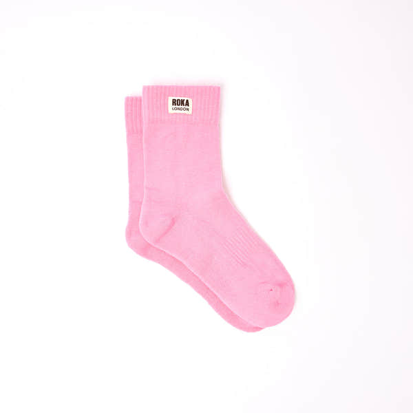Pink Roka Wimbledon ladies' cotton crew sock with logo, one size, soft and comfortable.