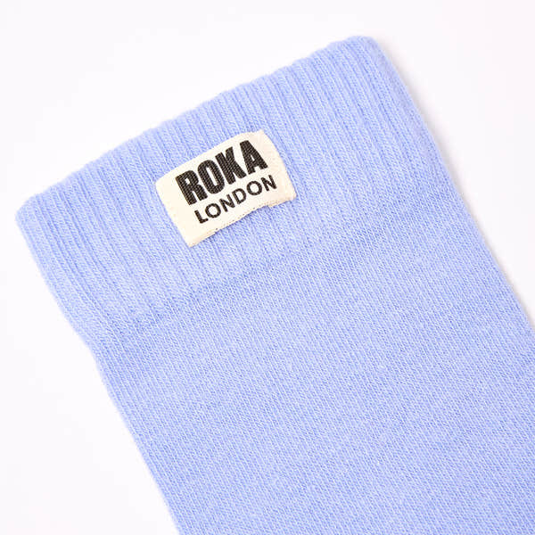Roka Wimbledon women's cotton crew sock in light purple featuring a "Roka London" logo label, one size, Thistle design.