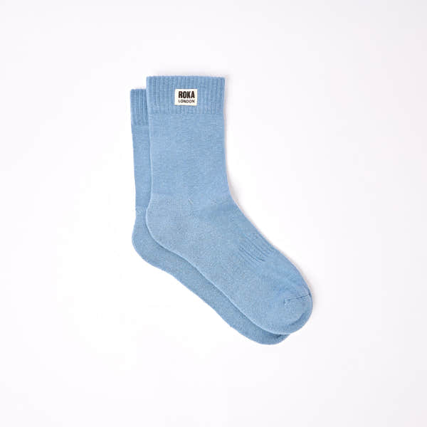 Roka Wimbledon men's cotton crew sock in Airforce blue, one size, with Roka London label, lightweight and comfortable for casual wear.