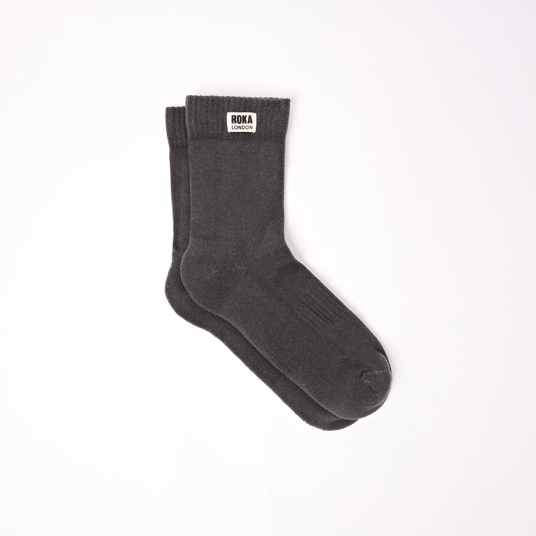 Roka Wimbledon men's cotton crew sock in faded black, one size, casual athletic style, with logo detail on the cuff.