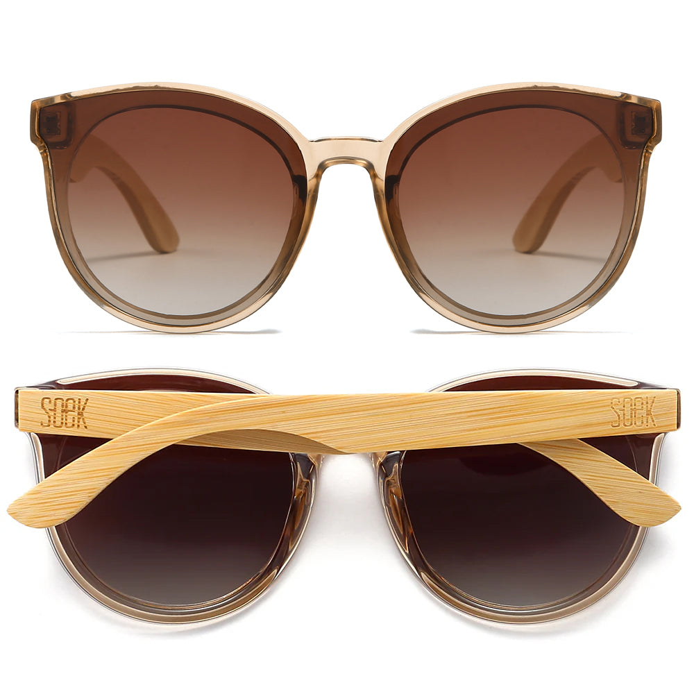 SOEK Bella sunglasses with champagne brown gradient lenses and maple wood arms, stylish and UV protection.