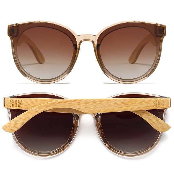 SOEK Bella sunglasses with champagne brown gradient lenses and maple wood arms, stylish and UV protection.