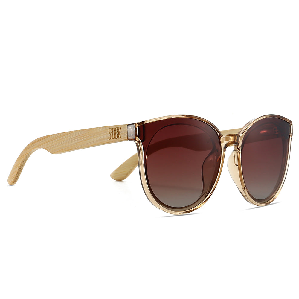 SOEK Bella Champagne Brown Gradient Lens sunglasses with maple wood arms, round frames, and tinted brown lenses.