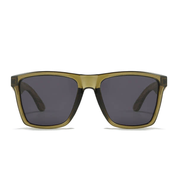 SOEK Dalton khaki sunglasses with black polarized lenses and walnut-colored arms, stylish oversized frame.