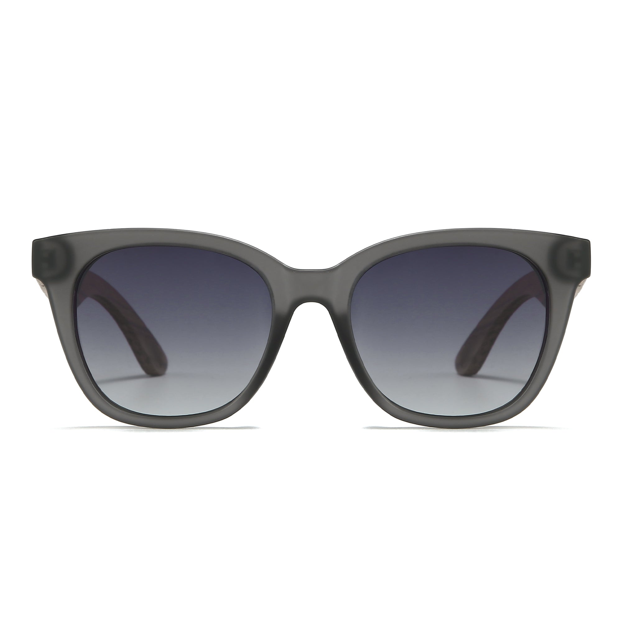 SOEK Lila Grace sunglasses with charcoal grey black gradient lenses and walnut arms, stylish and UV protection.