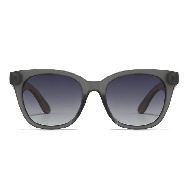 SOEK Lila Grace sunglasses with charcoal grey black gradient lenses and walnut arms, stylish and UV protection.