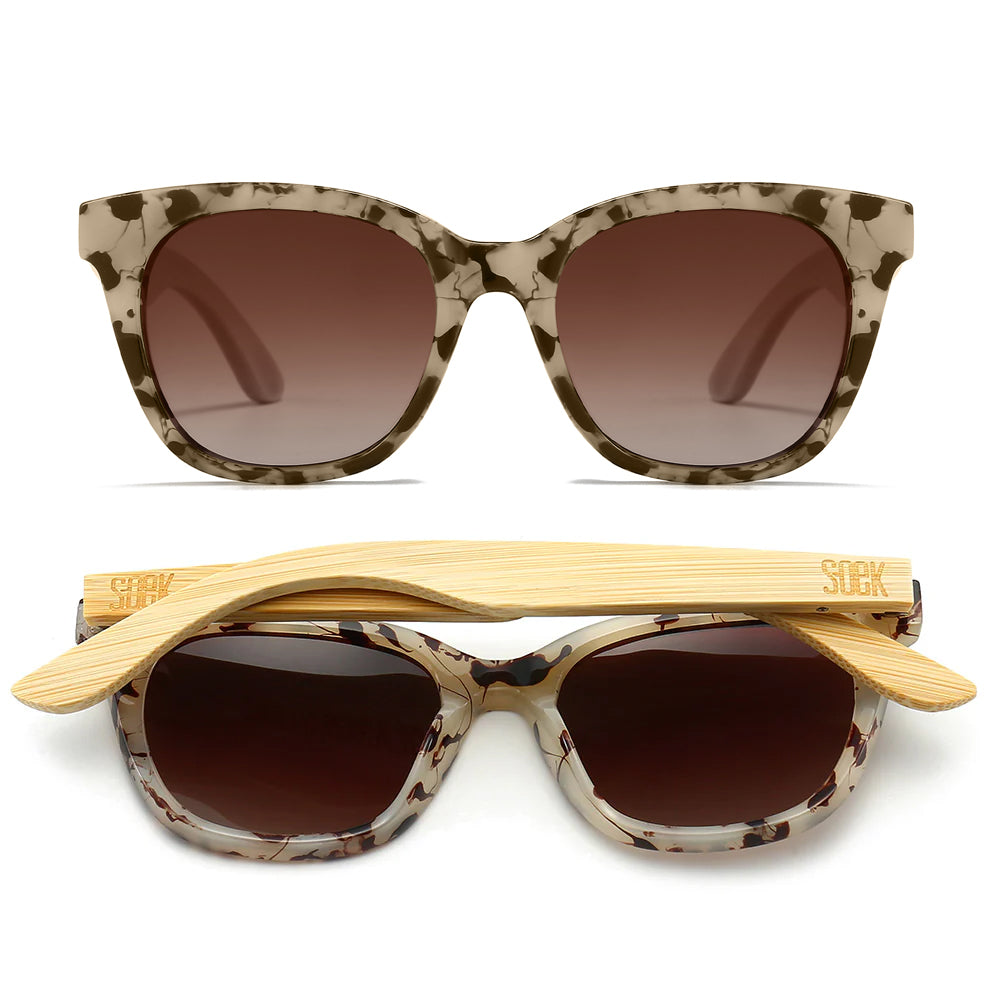 SOEK Lila Grace Ivory Tortoise Magnifying Blue Light Reader sunglasses with gradient lenses and wooden case.