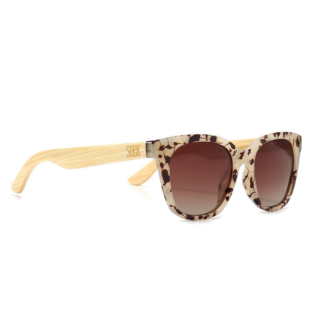 SOEK Lila Grace Ivory Tortoise Magnifying Blue Light Reader sunglasses with gradient lenses and bamboo-textured beige arms.