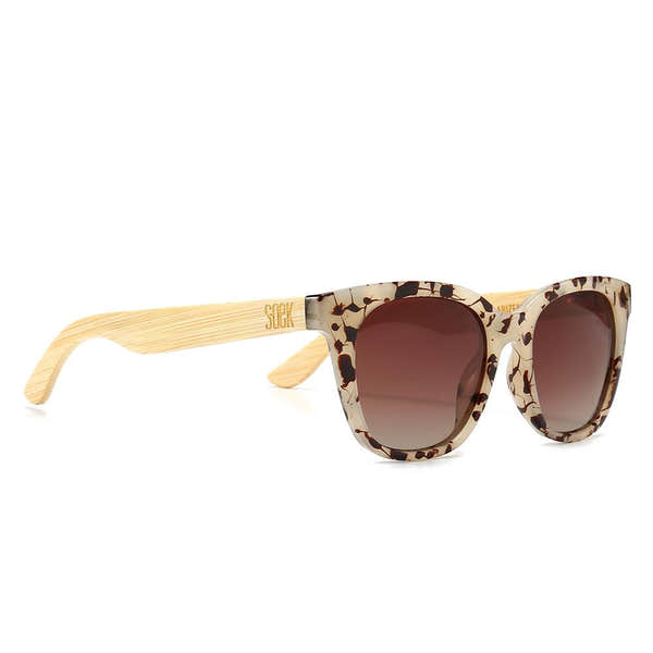 SOEK Lila Grace Ivory Tortoise Magnifying Blue Light Reader sunglasses with gradient lenses and bamboo-textured beige arms.