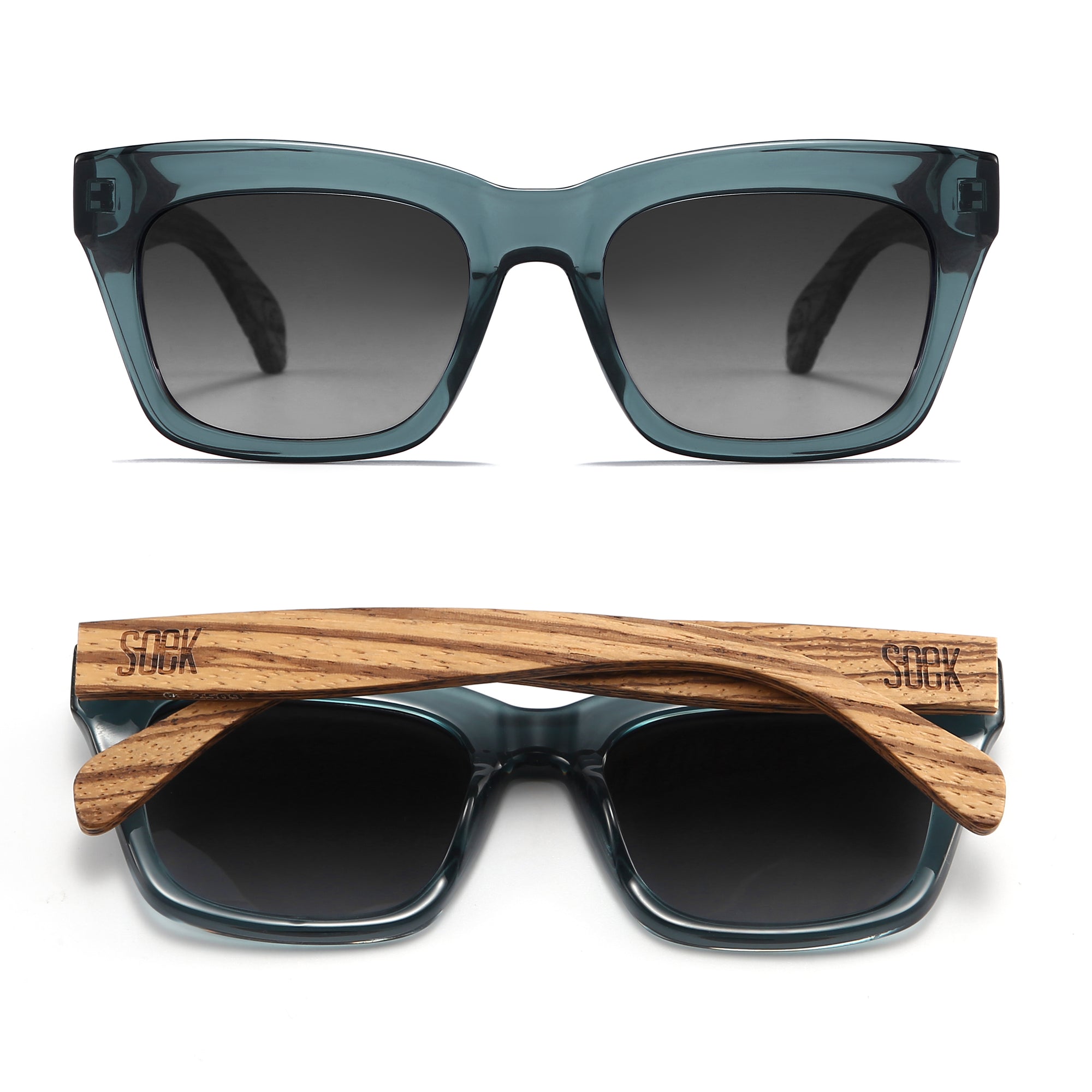 SOEK Morgan sunglasses with indigo grey lenses and walnut wood arms, stylish and eco-friendly eyewear.