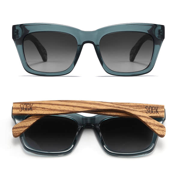 SOEK Morgan sunglasses with indigo grey lenses and walnut wood arms, stylish and eco-friendly eyewear.
