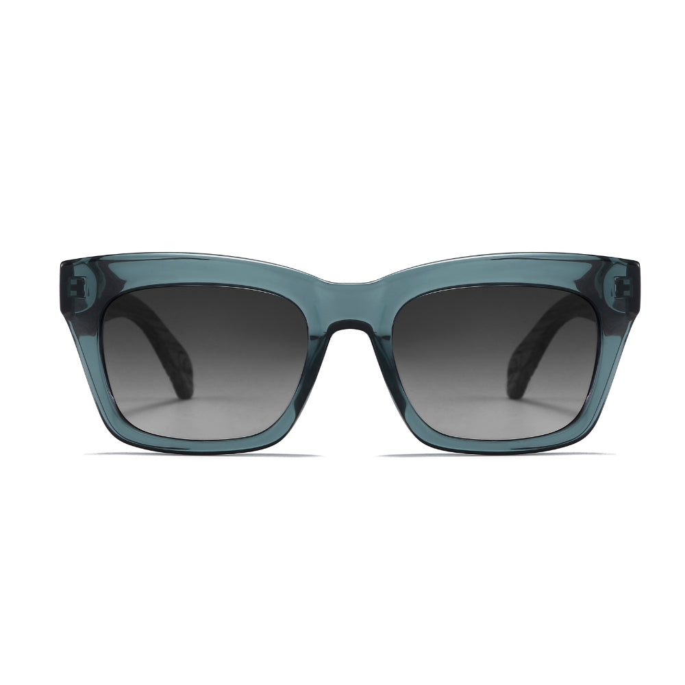 SOEK Morgan sunglasses with indigo grey lens and walnut arms, stylish oversized frame, UV protection, unisex design.
