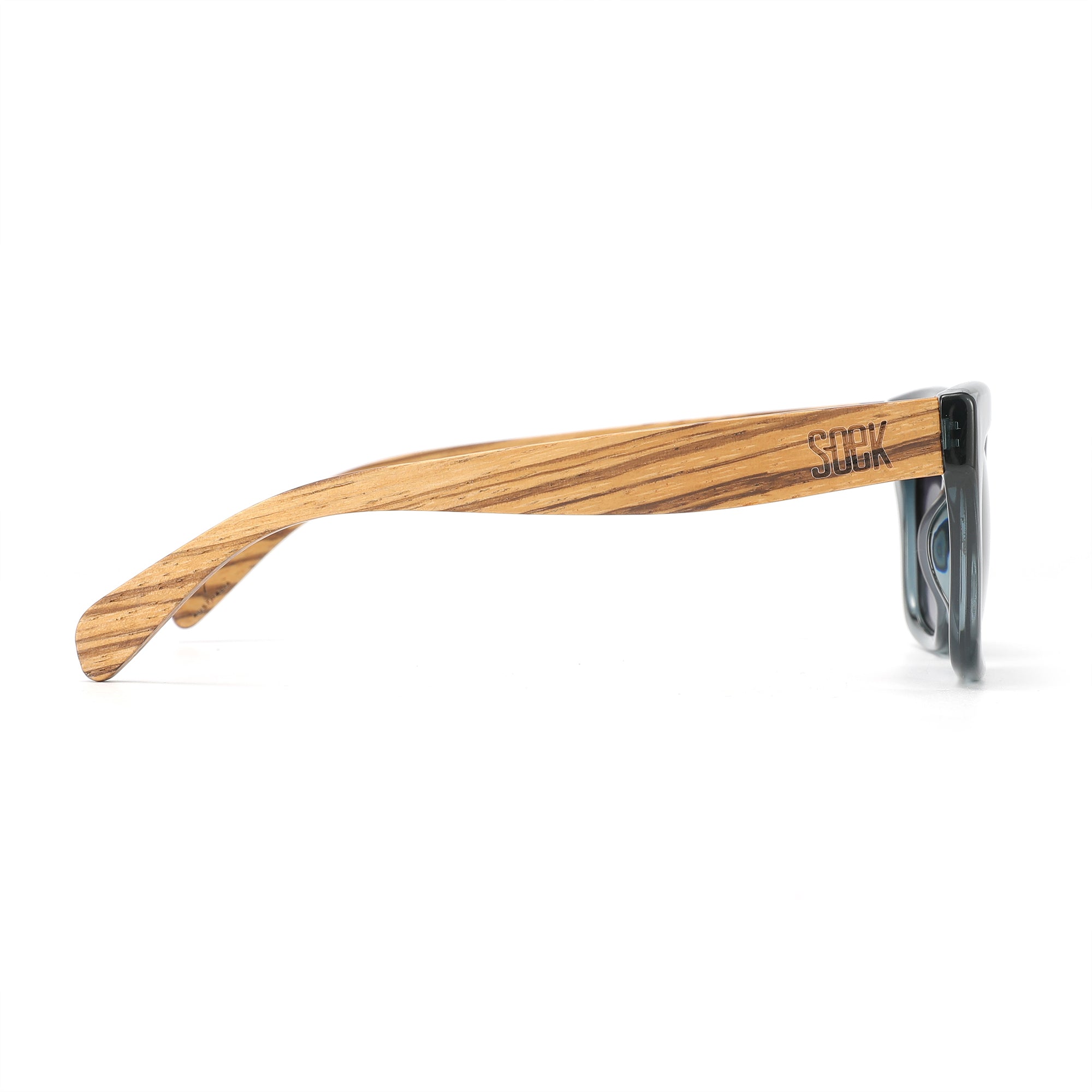 SOEK Morgan sunglasses with indigo grey lenses and walnut wooden arms, featuring a sleek design and natural wood finish.