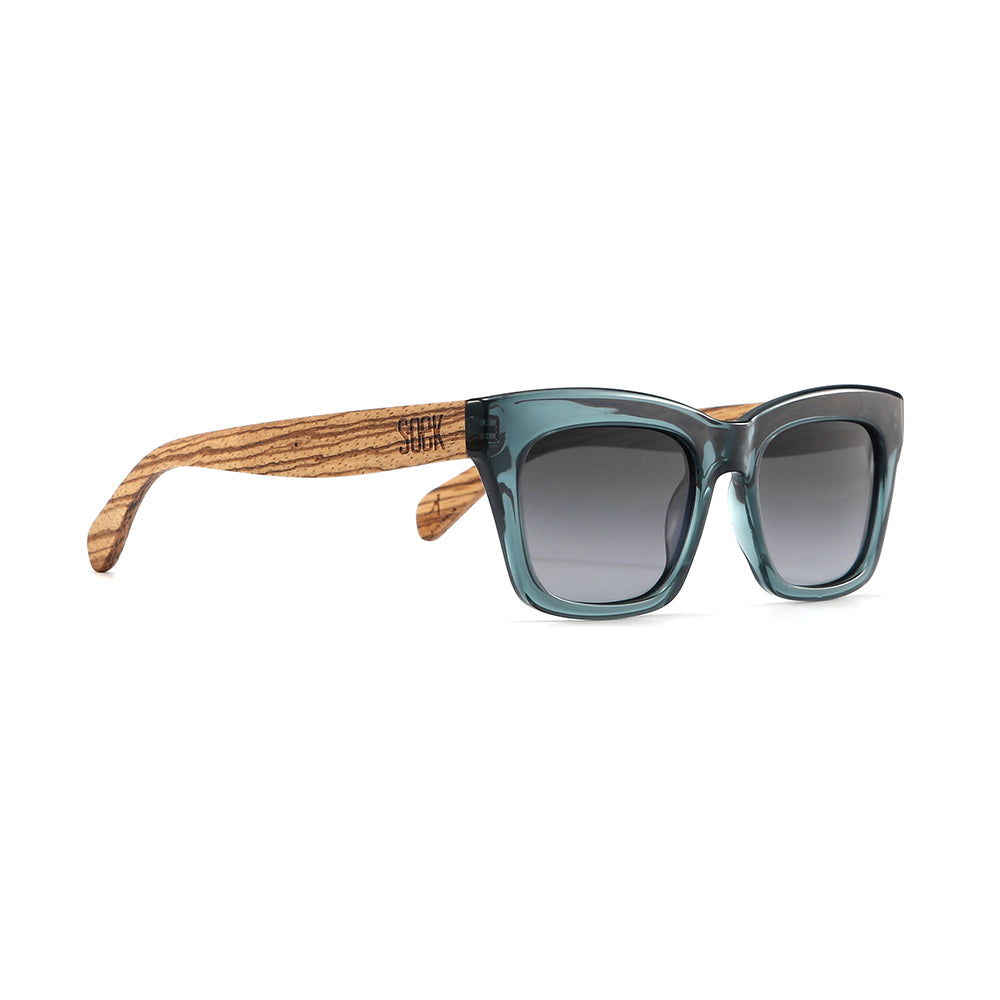 SOEK Morgan sunglasses with indigo grey lenses and walnut wood arms, stylish and eco-friendly eyewear for men and women.
