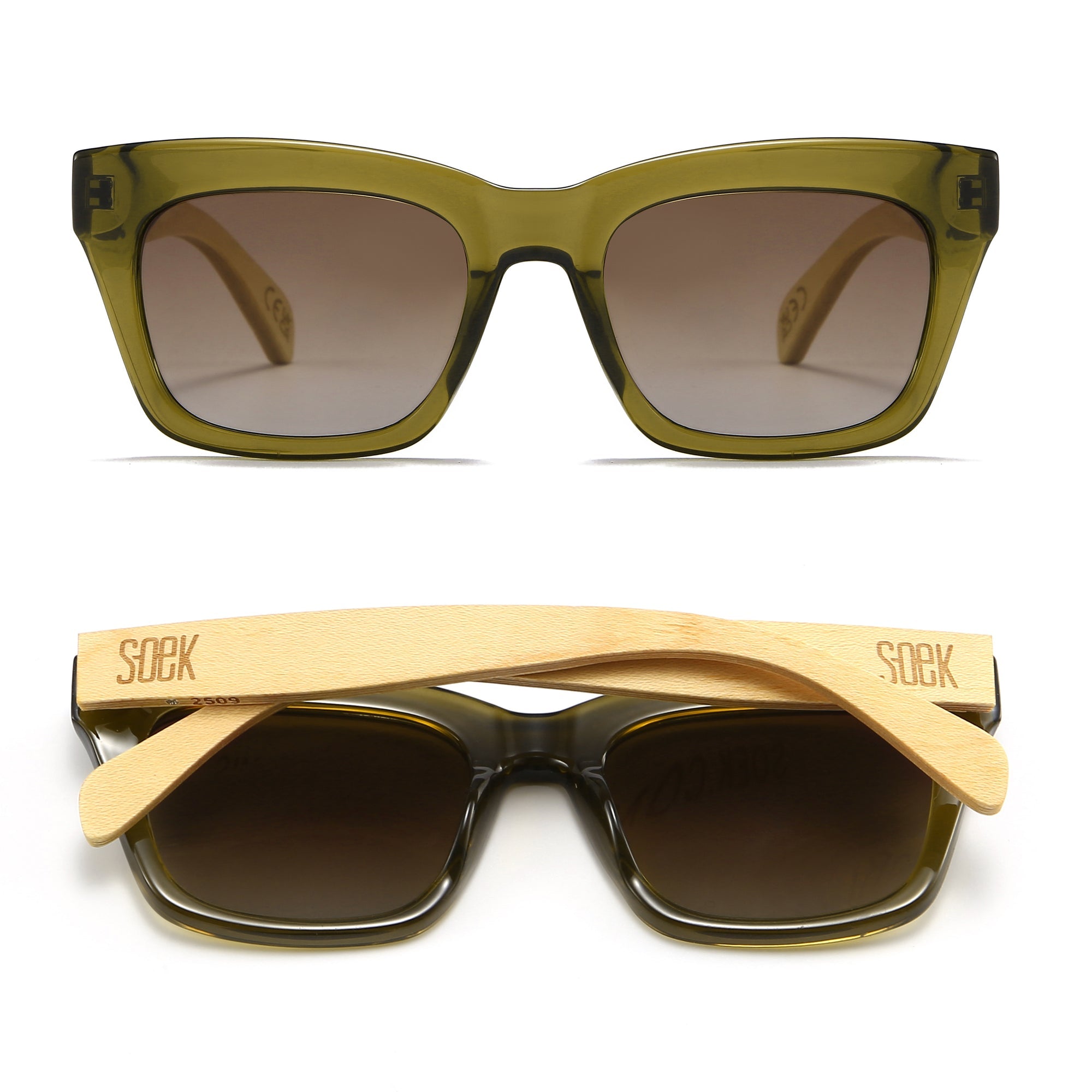 SOEK Morgan Moss sunglasses with grey lenses, white maple arms, and a bold rectangular frame.