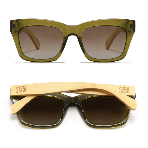 SOEK Morgan Moss sunglasses with grey lenses, white maple arms, and a bold rectangular frame.