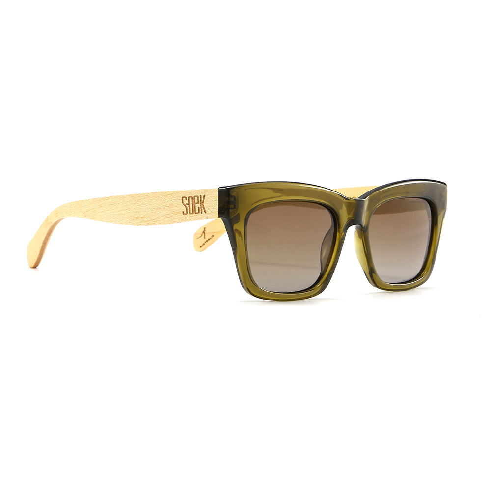 SOEK Morgan Moss sunglasses with grey lenses, white maple wood arms, square frame, stylish and UV-protected.
