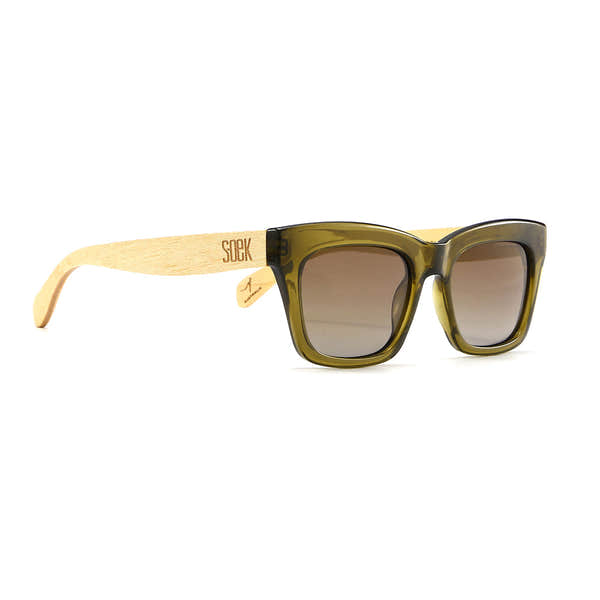 SOEK Morgan Moss sunglasses with grey lenses, white maple wood arms, square frame, stylish and UV-protected.