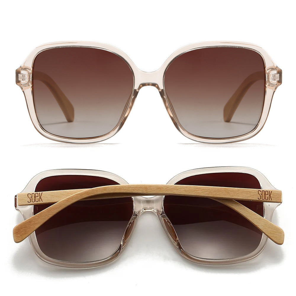 SOEK Scarlett sunglasses with champagne brown gradient lenses and Maple wooden arms. Stylish, oversized frame with gradient tint.