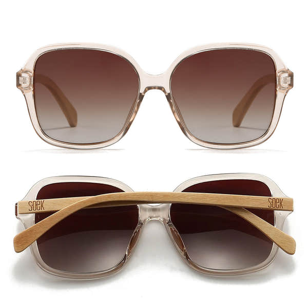 SOEK Scarlett sunglasses with champagne brown gradient lenses and Maple wooden arms. Stylish, oversized frame with gradient tint.