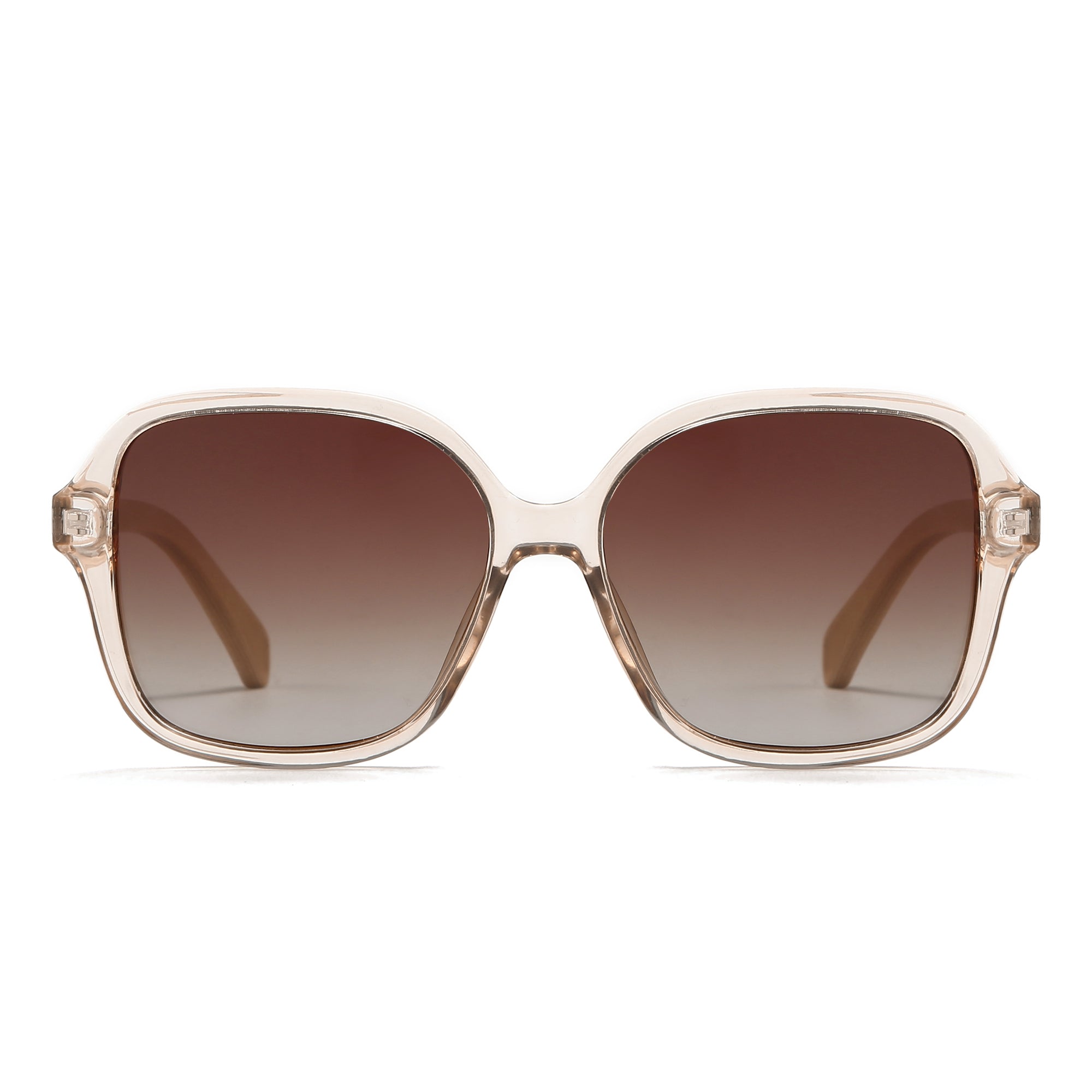 SOEK Scarlett sunglasses with brown gradient lenses and maple arms, featuring a chic transparent frame.