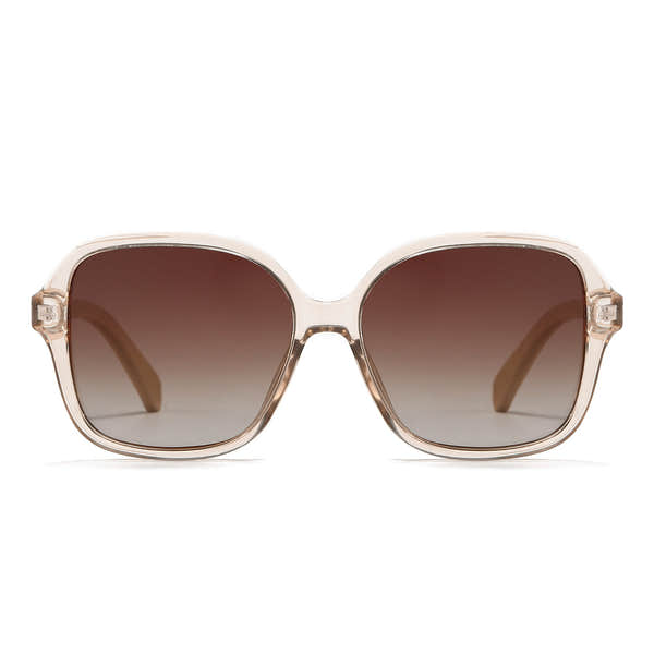 SOEK Scarlett sunglasses with brown gradient lenses and maple arms, featuring a chic transparent frame.